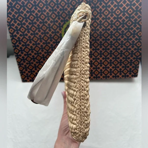 Tory Burch Thea Raffia Pouch Wristlet Bag Coffee Cream - Picture 4 of 11